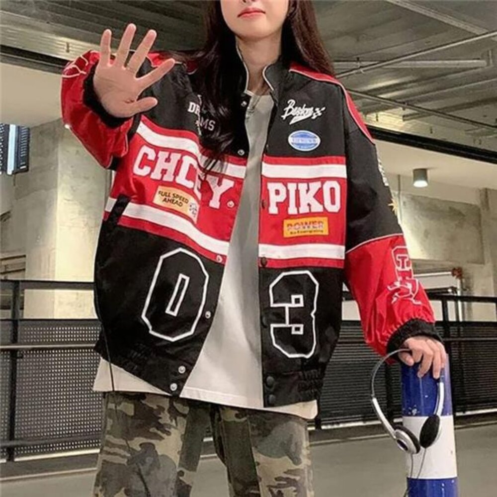 Women's Patchwork Long Sleeve Racing Bomber Letterman Varsity Jacket - Picture 4 of 7
